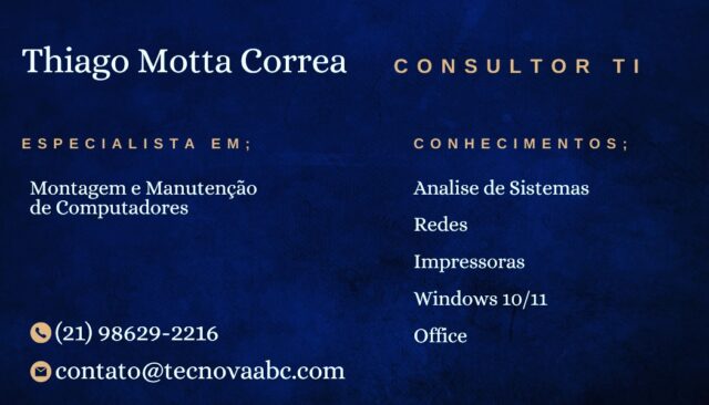 🚨 Seu computador tá lento? A impressora não ajuda?
A gente resolve! 💡

👨‍💻 Fale com o Thiago Motta Correa – Especialista em TI:
✔️ Montagem e Manutenção
✔️ Redes, Impressoras e Office
✔️ Windows 10 e 11

📞 (21) 98629-2216
📧 contato@tecnovaabc.com

Aquele suporte que você entende, confia e recomenda. 😉
#TecnovaABC #SuporteDeTI #Informática #Windows11 #ManutençãoPC